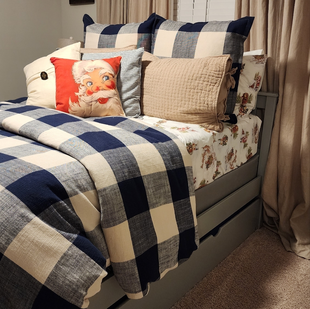 Pottery Barn Navy  Full/Queen Buffalo Check Duvet Cover and 2 King Euro Shams